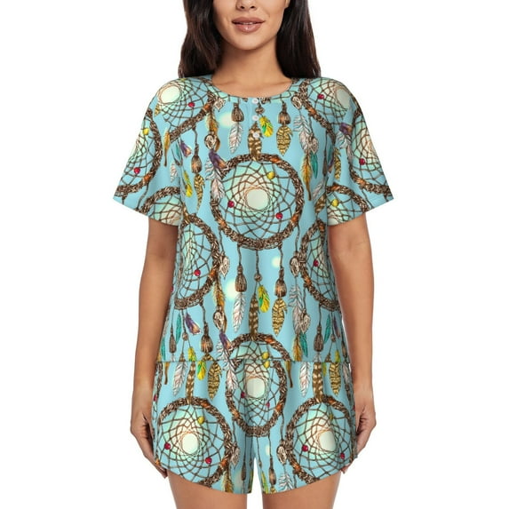 Fuzoiu Boho Dreamcatcher 1 Print Women's Short-Sleeved Pajama Set,Lounge Sleepwear Set,Womens Pajama Sets 2 Piece,Button-Up Top and Shorts with Pockets-3X-Large