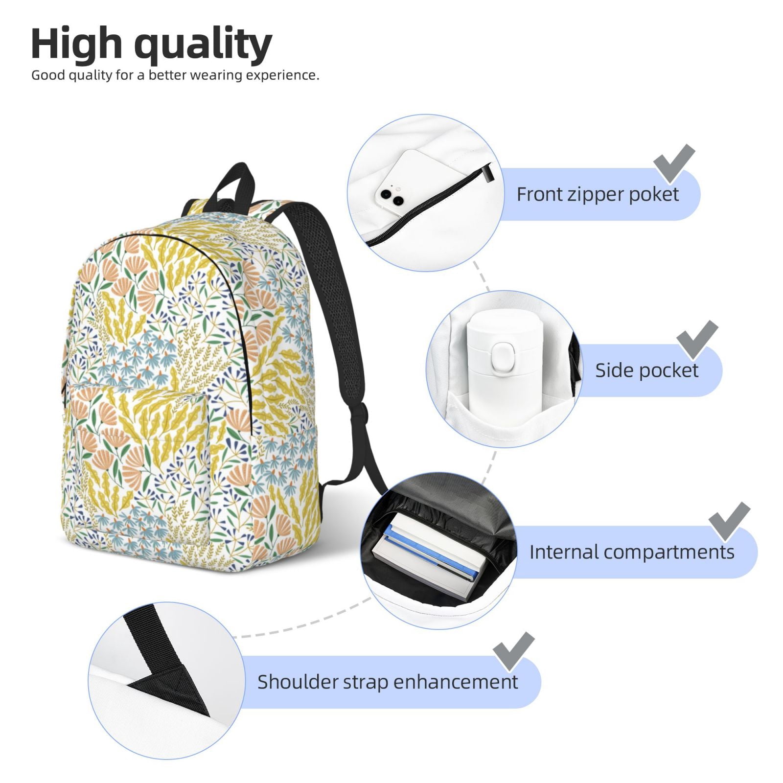 Canvas Backpack Daypack Embroidered Pockets Boho Adj Strap Blue Gray New W/O Tag Fuzoiu Boho Print Canvas Backpack,Lightweight Travel Daypack  main image 3