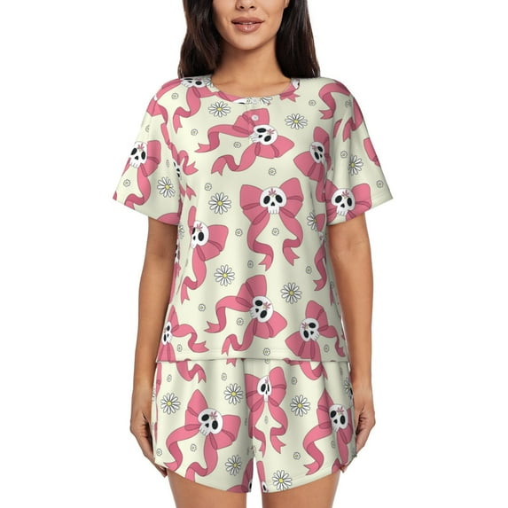 Fuzoiu Bow With Sugar Skull Print Women's Short-Sleeved Pajama Set,Lounge Sleepwear Set,Womens Pajama Sets 2 Piece,Button-Up Top and Shorts with Pockets-3X-Large