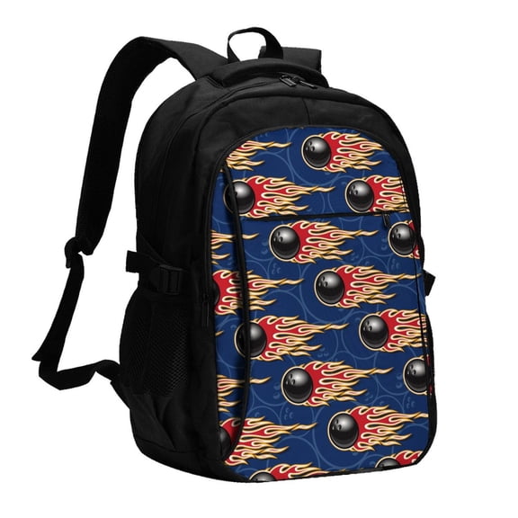 Fuzoiu Bowling Ball And Flame Print USB Backpack with Charging Port,Laptop Backpack,Business Travel Durable Laptops Backpack, for School, Work, Travel & Outdoor Activities