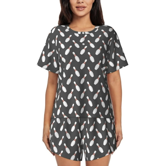 Fuzoiu Bowling Pins Print Women's Short-Sleeved Pajama Set,Lounge Sleepwear Set,Womens Pajama Sets 2 Piece,Button-Up Top and Shorts with Pockets-Large