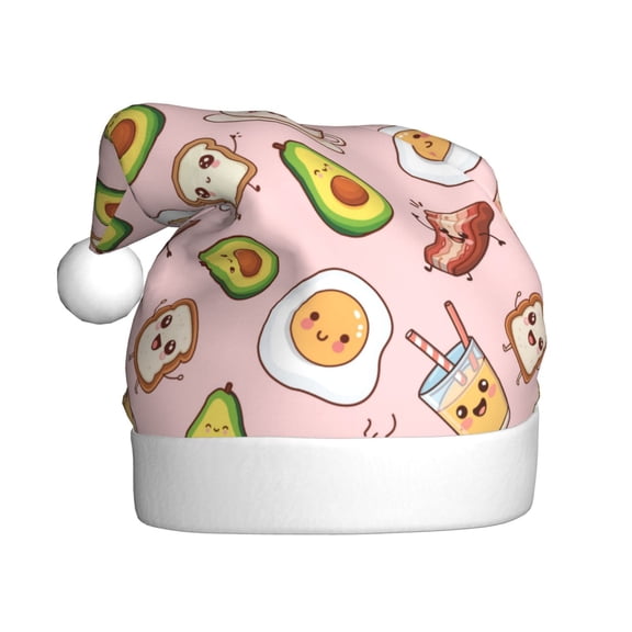 Fuzoiu Breakfast Print Santa Hat Christmas Hat for Adults,Santa Hats with Pompom, Unisex Xmas Holiday Hat for Christmas New Year Festive Party Supplies