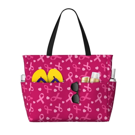 Fuzoiu Breast Cancer Awareness6 Print Waterproof Beach Tote Bag for Women Girls with Zipper,Sandproof Pool Swim Bag,Large Capacity Beach Travel Bag for Pool Swim Travel Everyday