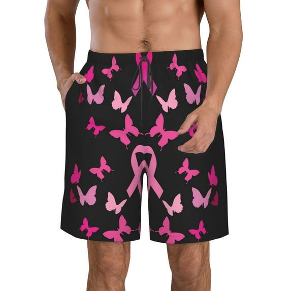 Fuzoiu Breast Cancer Print Men's Beach Shorts,Men's Swim Trunks,Quick Dry Board Shorts with Pockets,Men's Bathing Suits for Surfing, Running, and Casual Wear-Large