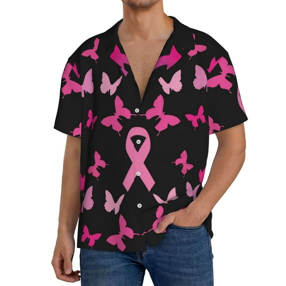 Fuzoiu Breast Cancer Print Men's Casual Short,Men's Short Sleeve Shirt,Mens Casual Button Down Shirts,Cuban Collar Summer Shirt for Beach, Vacation, and Outdoor Activities-4X-Large