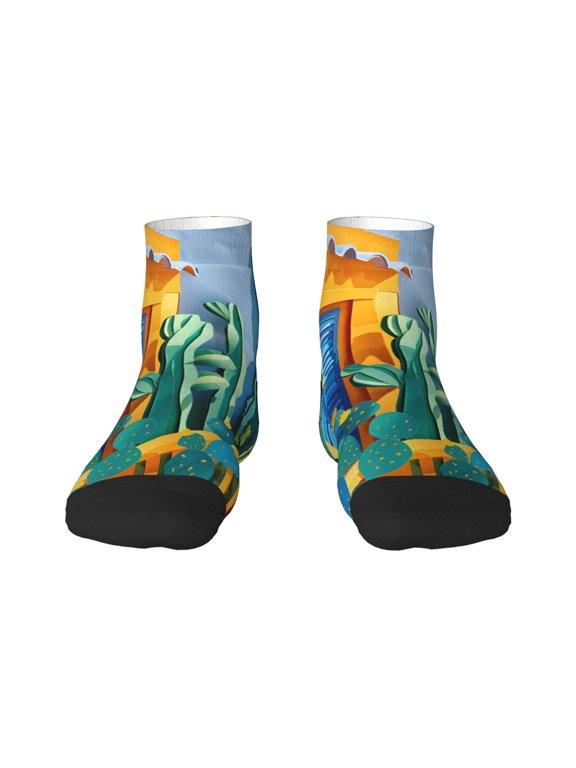 Bright Paper Cactus Scene Print Adult Socks, Crew Moisture-wicking Socks, Unisex Cushion Crew Socks,Casual Sports Ankle Socks