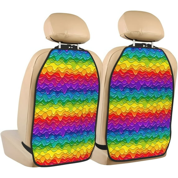 Fuzoiu Bright Rainbow Print 2 Pack Kick Mat Back Seat Protector With 3 Storage Pockets, Universal Car Seat Back Organizer For Kids Pets, Waterproof Backseat Protector For Most Car