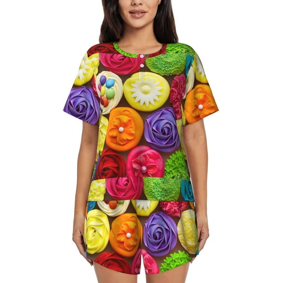 Fuzoiu Brightly Colored Cupcakes Print Women's Short-Sleeved Pajama Set,Lounge Sleepwear Set,Womens Pajama Sets 2 Piece,Button-Up Top and Shorts with Pockets-Small