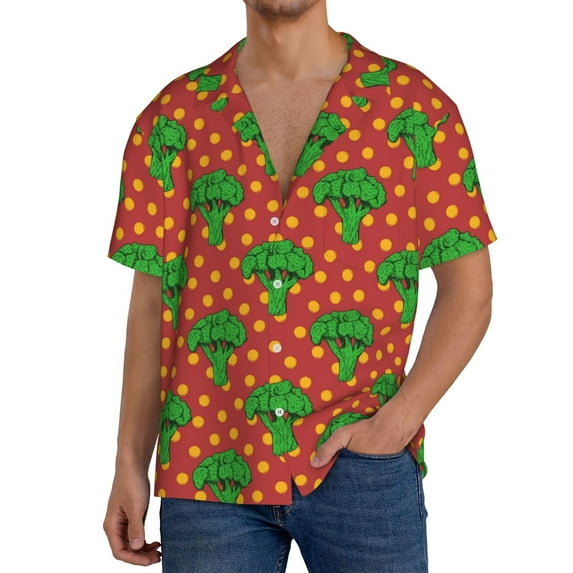 Fuzoiu Broccoli Print Men's Casual Short,Men's Short Sleeve Shirt,Mens Casual Button Down Shirts,Cuban Collar Summer Shirt for Beach, Vacation, and Outdoor Activities-X-Large