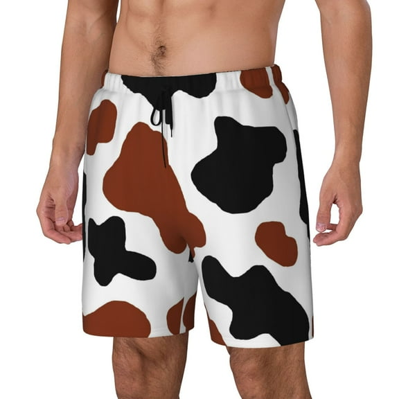 Fuzoiu Brown Black Cow Print Men's Swim Shorts,Quick-Dry Double-Layer Swim Trunks,Board Trunks,Beach Shorts Swimwear Bathing Suits-Medium