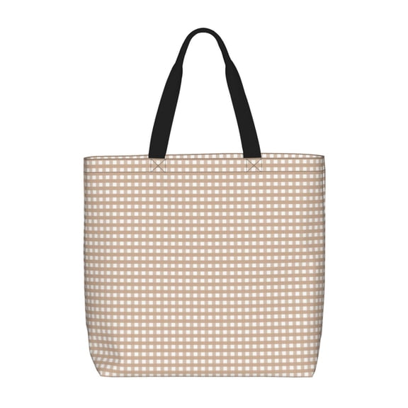 Fuzoiu Brown Gingham Print Durable Tote Bag,Shoulder Bag with Zipper Closure,Casual Tote's Handbag,for Daily Use, Shopping, School, Work