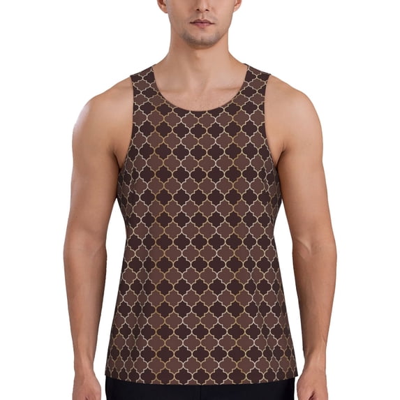 Fuzoiu Brown Gold Grid Print Men's Workout Tank Tops,Sleeveless Gym Shirt Quick Dry,Fitness Bodybuilding T-Shirt,Muscle Athletic Workout Tee-X-Large