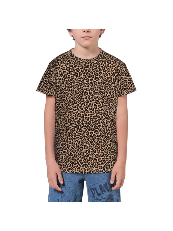 Brown Leopard Print Youth Short Sleeve T-Shirt,Youth Dry-Fit Active Athletic T-Shirt,Short Sleeve Tops Tees for School, Sports, and Casual Wear