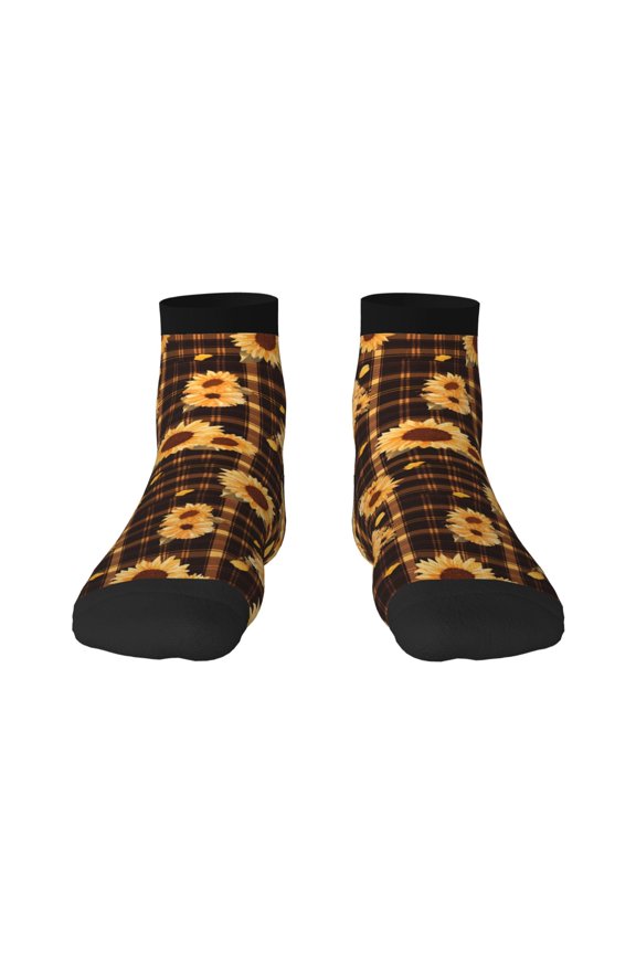 Brown Plaid Sunflower Print Adult Socks, Crew Moisture-wicking Socks, Unisex Cushion Crew Socks,Casual Sports Ankle Socks