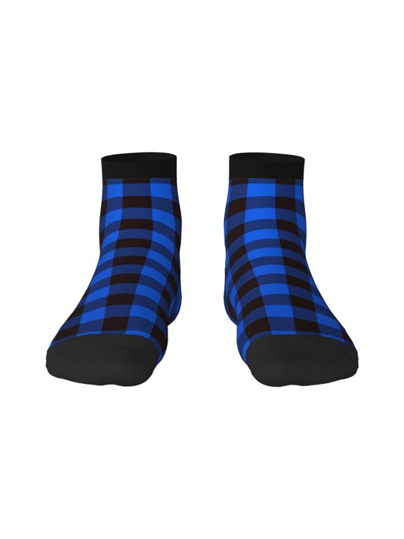 Buffalo Plaid Blue Black Print Adult Socks, Crew Moisture-wicking Socks, Unisex Cushion Crew Socks,Casual Sports Ankle Socks