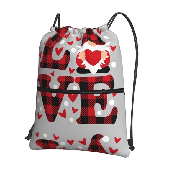 Fuzoiu Buffalo Plaid Love And Gnome Print Drawstring Backpack Water Resistant String Bag Sports Sackpack Gym Sack for Men Women