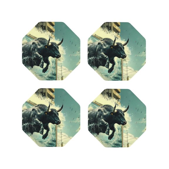Fuzoiu Bull Charging Through Waves Print Leather Coasters Set,Drink Coasters Set of 4,for Tabletop Protection, Durable PVC Coasters,Home Décor and Housewarming Gift-Octagon