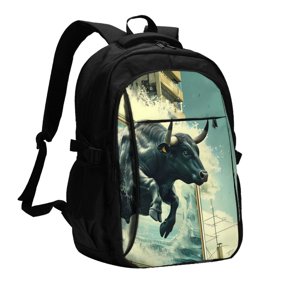 Fuzoiu Bull Charging Through Waves Print USB Backpack with Charging Port,Laptop Backpack,Business Travel Durable Laptops Backpack, for School, Work, Travel & Outdoor Activities