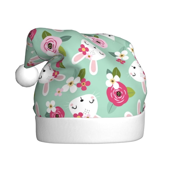 Fuzoiu Bunny And Rose Print Santa Hat Christmas Hat for Adults,Santa Hats with Pompom, Unisex Xmas Holiday Hat for Christmas New Year Festive Party Supplies
