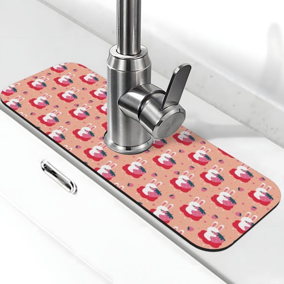 Fuzoiu Bunny And Strawberry Print Kitchen Faucet Suction Pad, Sink Splash Guard Faucet Mat, Faucet Handle Drip Catcher Tray Drying Mat For Bathroom Kitchen Bathroom Countertop