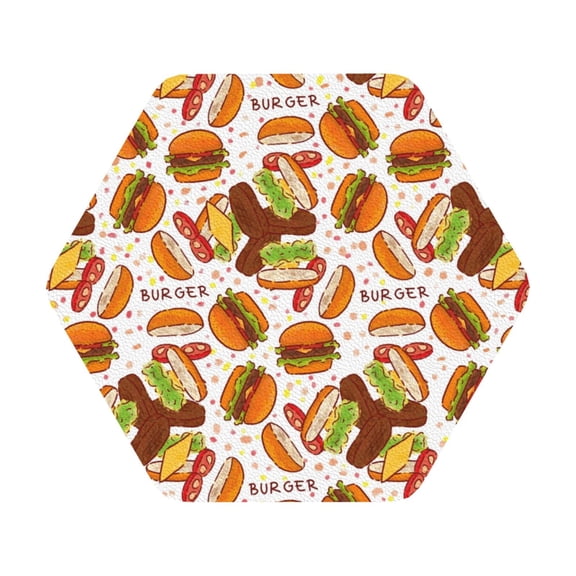 Fuzoiu Burger Print Leather Coasters Set,Drink Coasters Set of 6,for Tabletop Protection, Durable PVC Coasters,Home Décor and Housewarming Gift,Hexagon