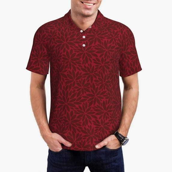 Fuzoiu Burgundy Floral Print Men's Polo Shirts Short Sleeve,Golf Shirts for Men,Mens Golf Shirt Moisture Wicking Quick-Dry-Small