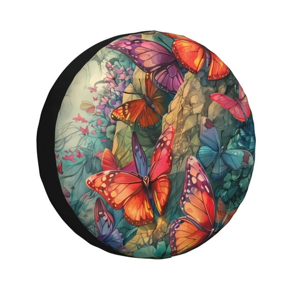 Fuzoiu Butterflies On Rocky Cliff Print Universal Spare Tire Cover with Buckle Strap, Waterproof Wheel Covers for Jeep, Trailer, RV, Truck and All Car-16 inch