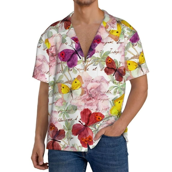 Fuzoiu Butterflies and Vintage Print Men's Casual Short,Men's Short Sleeve Shirt,Mens Casual Button Down Shirts,Cuban Collar Summer Shirt for Beach, Vacation, and Outdoor Activities-XX-Large