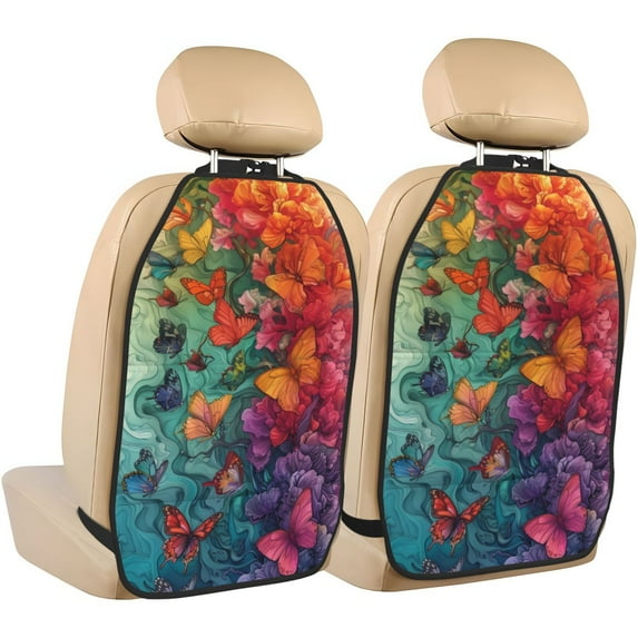 Fuzoiu Butterfly Flower Cascade Print 2 Pack Kick Mat Back Seat Protector With 3 Storage Pockets, Universal Car Seat Back Organizer For Kids Pets, Waterproof Backseat Protector For Most Car