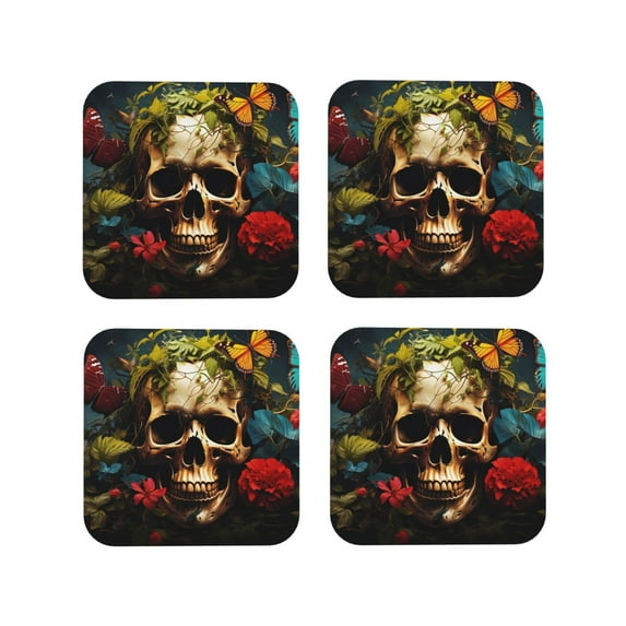 Fuzoiu Butterfly Flower Plant Skull Print Leather Coasters Set,Drink Coasters Set of 4,for Tabletop Protection, Durable PVC Coasters,Home Décor and Housewarming Gift-Square