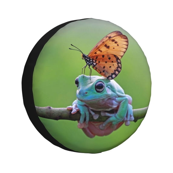 Fuzoiu Butterfly Landing On Head Dumpy Frog Print Universal Spare Tire Cover with Buckle Strap, Waterproof Wheel Covers for Jeep, Trailer, RV, Truck and All Car-14 inch
