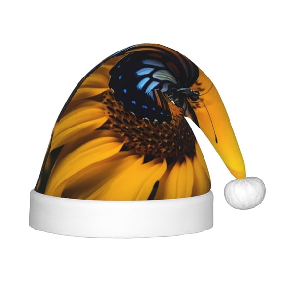 Fuzoiu Butterfly On Sunflower Print Santa Hat Christmas Hat for kids,Santa Hats with Pompom, Unisex Xmas Holiday Hat for Christmas New Year Festive Party Supplies
