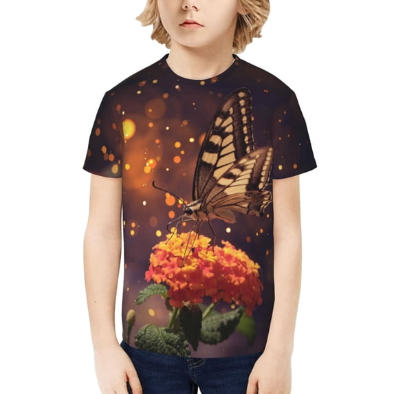 Fuzoiu Butterfly Sitting on a Flower Print Boys' Casual T-Shirt,Crewneck Undershirts,Boys Athletic Shirt,Short Sleeve T-Shirts for Outdoor Play