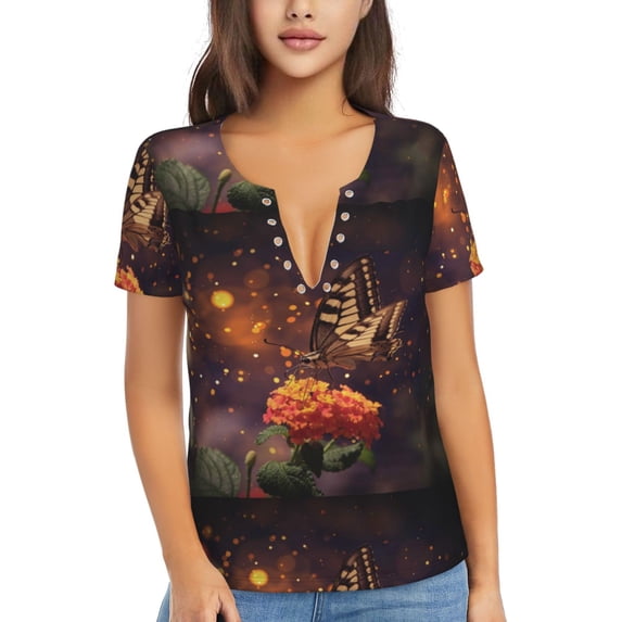 Fuzoiu Butterfly Sitting on a Flower Print Women's V-Neck T-Shirt,Women's Short Sleeve Top, Comfortable for Work, Leisure, and Sports