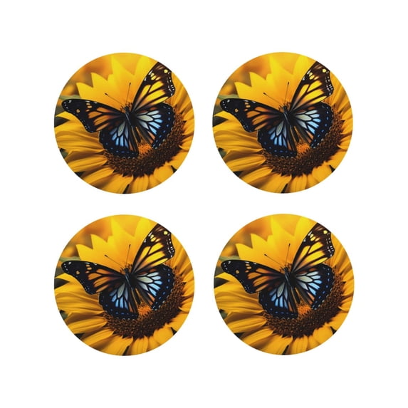 Fuzoiu Butterfly On Sunflower Print Leather Coasters Set,Drink Coasters Set of 4,for Tabletop Protection, Durable PVC Coasters,Home Décor and Housewarming Gift-Round Shape