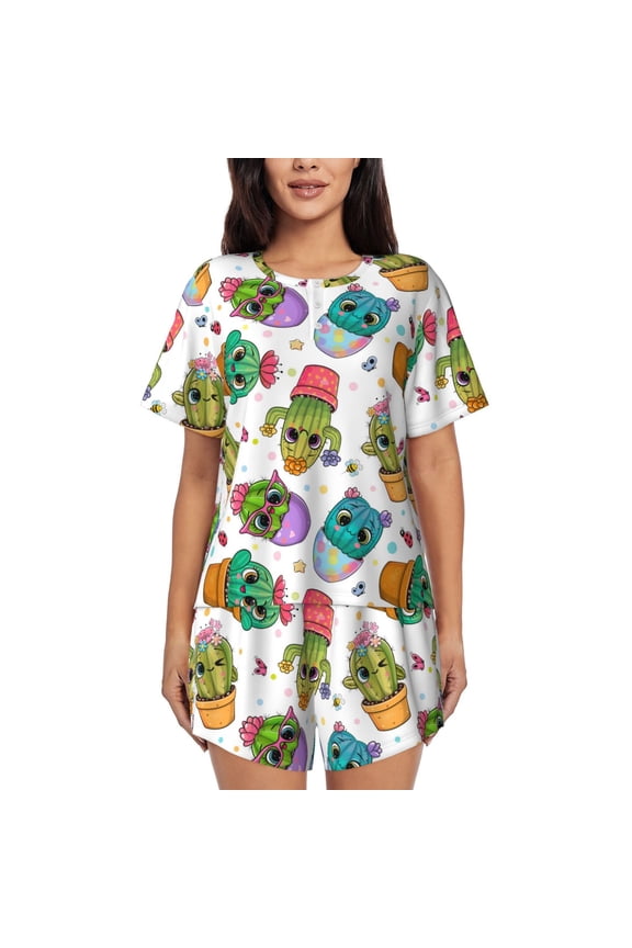Cactus And Insects Print Women's Short-Sleeved Pajama Set,Lounge Sleepwear Set,Womens Pajama Sets 2 Piece,Button-Up Top and Shorts with Pockets-XX-Large