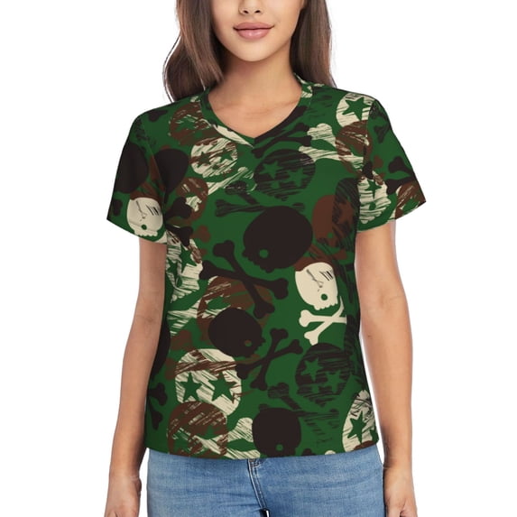 Fuzoiu Camouflage Skull Print Women's Classic V-Neck T-Shirt, Short Sleeve V Neck Tees for Casual Everyday Wear,Casual Fit Tee,Summer Fashion Tops-3X-Large