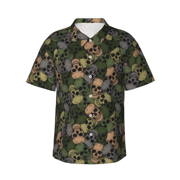 Fuzoiu Camouflage Skulls Print Hawaiian Shirt for Men, Summer Beach Casual Short Sleeve Button Down Shirts, Men’s Beach Summer Shirts with Pocket,Medium