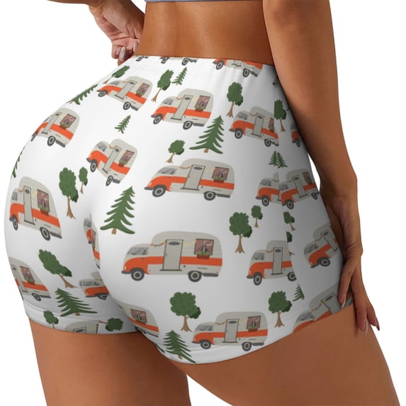 Fuzoiu Camp Van Print Women's Workout Shorts,Workout Biker Shorts Women,Exercise Fitness Shorts,Scrunch Short, Athletic Shorts for Gym Yoga Running Sport Active-X-Large