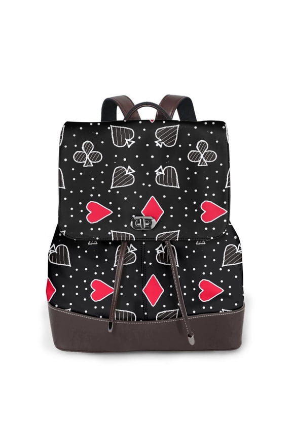 Card Suits Print Women's Leather Backpack,Travel Laptop Backpack,Fashion Ladies Leather Backpack Bag for Travel,Leather Drawstring Daypack for Me