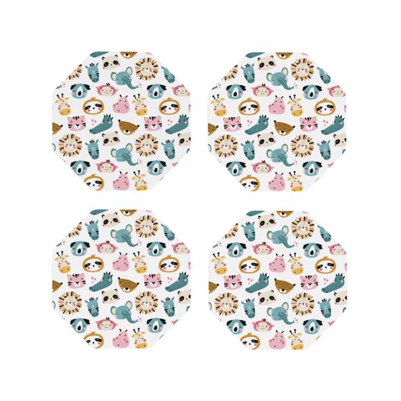 Fuzoiu Cartoon Animals Print Leather Coasters Set,Drink Coasters Set of 4,for Tabletop Protection, Durable PVC Coasters,Home Décor and Housewarming Gift-Octagon