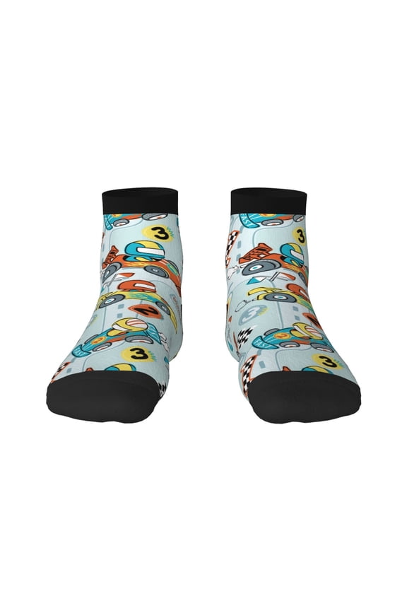 Cartoon Car Racing Print Adult Socks, Crew Moisture-wicking Socks, Unisex Cushion Crew Socks,Casual Sports Ankle Socks