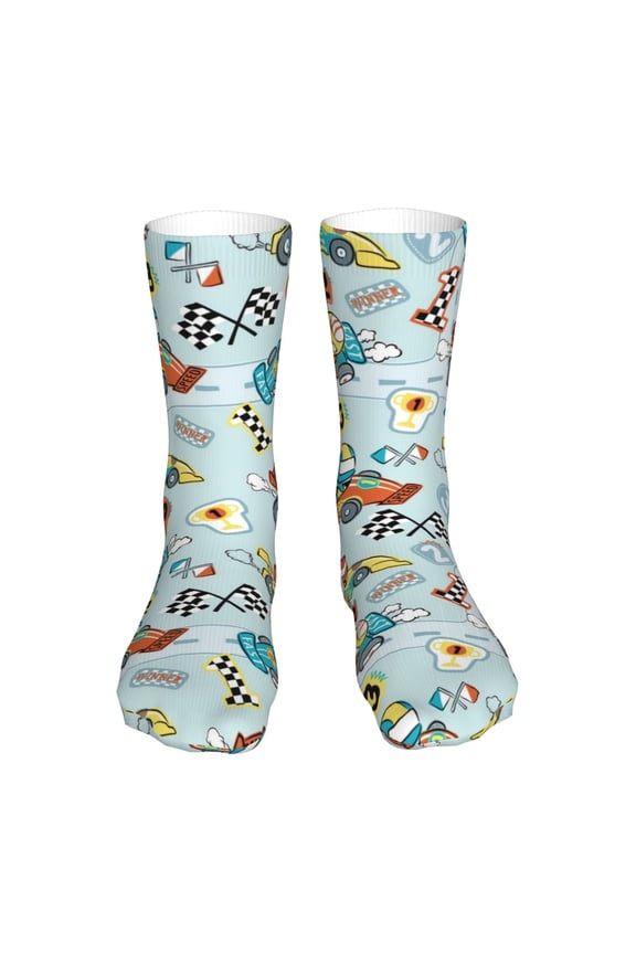 Cartoon Car Racing Print Crew Socks,Casual Athletic Gym LightWeight Thin Socks,Casual Crew Socks for Men Woman,Calf Length Crew Socks