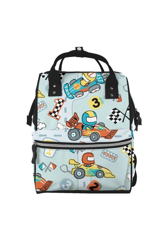 Cartoon Car Racing Print Diaper Bag Backpack,Baby Essentials Travel Tote,Multi function Waterproof Diaper Bag, Travel Essentials Baby Bag - Unisex