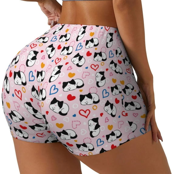 Fuzoiu Cartoon Cat And Heart Print Women's Workout Shorts,Workout Biker Shorts Women,Exercise Fitness Shorts,Scrunch Short, Athletic Shorts for Gym Yoga Running Sport Active-Small