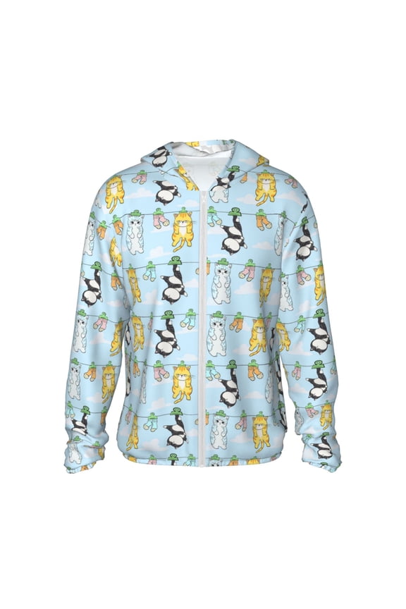 Cartoon Cat Print Unisex Sun Protection Hoodie,UPF 50+ Light Jacket,Full Zip Sun Protection Hoodie,Long Sleeve Sun Shirts,for Outdoor Activities-Small