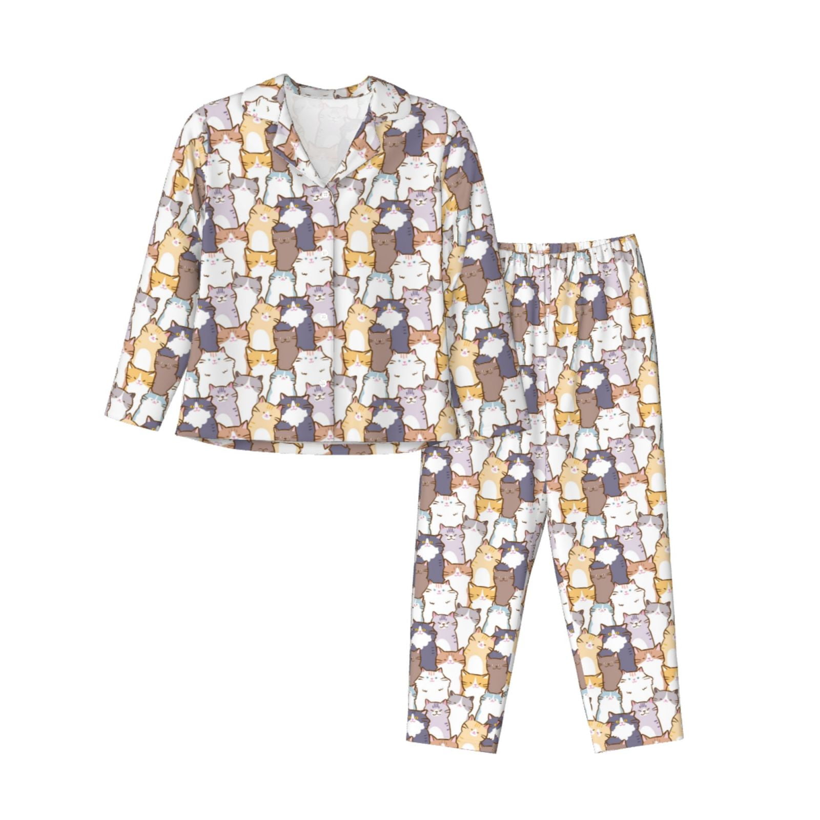 Fuzoiu Cartoon Cat Print Women's Long-Sleeved Pajama,Lounge Button Down ...