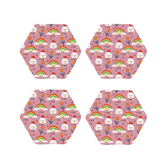 Fuzoiu Cartoon Chicken Print Leather Coasters Set,Drink Coasters Set of 4,for Tabletop Protection, Durable PVC Coasters,Home Décor and Housewarming Gift-Hexagon