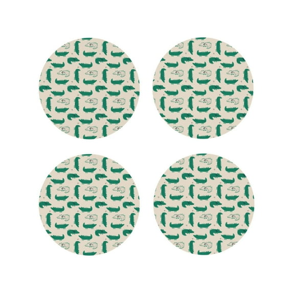 Fuzoiu Cartoon Crocodile Print Leather Coasters Set,Drink Coasters Set of 4,for Tabletop Protection, Durable PVC Coasters,Home Décor and Housewarming Gift-Round Shape