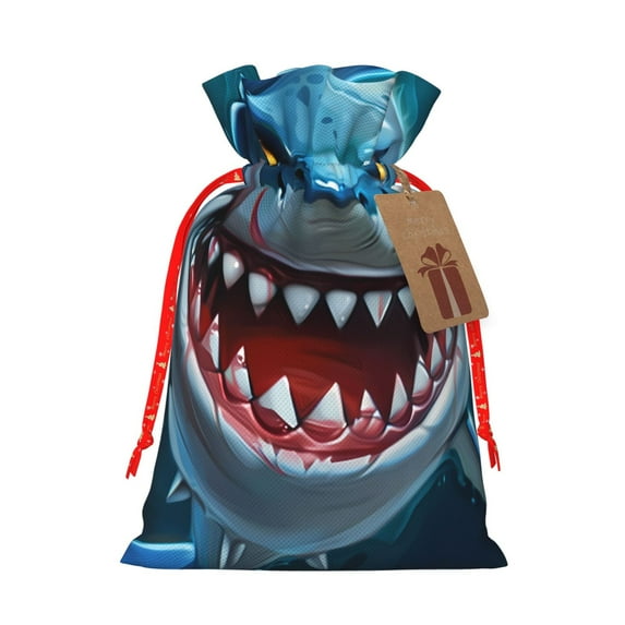 Fuzoiu Cartoon Cute Shark Print Christmas Gift Bag,Burlap Gift Bag with Drawstring Closure & Hang Tag,Perfect for Holidays, Birthdays, and Special Occasions-Medium